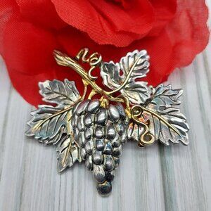 Vintage Bunch of Grapes on Vine Leaves Two Tone Brooch Signed MJ 2" X 2"